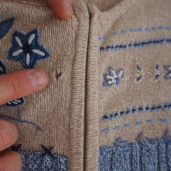 Alia Beige Blue Embroidered Floral Knit Zip Up Cardigan Sweater Large - Picture 5 of 14